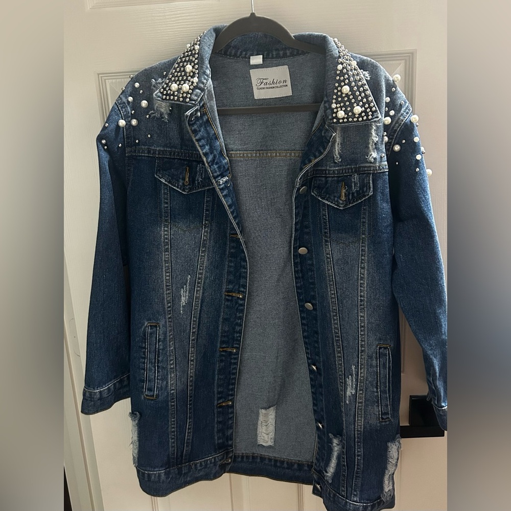 Distressed Jean Jacket with Pearls and Studs
